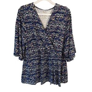 Blue Sky V-Neck Abstract Multicoloured Patterned Blouse Size XL Casual Stretchy